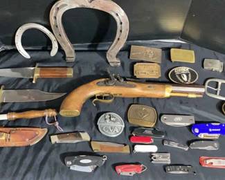 Clydesdale Shoe, Belt Buckles, Black Powder Pistol, KY Toothpick Bowie Pocket Knives