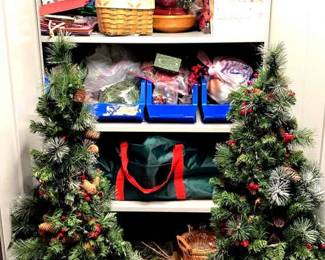 Metal Cabinet With Christmas Decorations , Greenery, Floral, Gift Bags Boxes