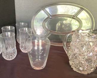 Lenox Vase, Crystal Highball Glasses 5, L. E. Smith Co Pitcher , Clear Glass Sectioned Platter