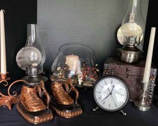  01 Pottery Barn Table Clock, Wall Oil Lamps 2, Pewter  Copper Candlesticks