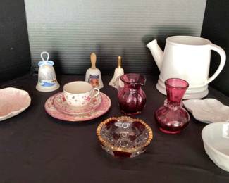 Vintage Glass Ruby Flash Bowl, Pilgrim Cranberry Pitcher Vase , Chas Allerton Tea Cup Saucer M