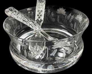 Etched Crystal Salad Bowl and Utensils