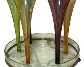 Etched Colored Glass Champagne Set
