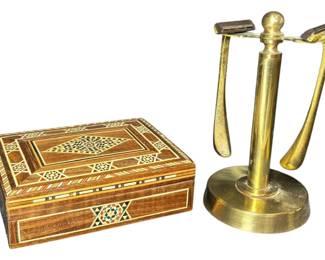 Inlaid Wood Dresser Box Brass Razors