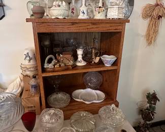 Covered candy dishes, book shelf, Fire King 