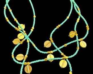 Turquoise and Gold Disk Beaded Necklace