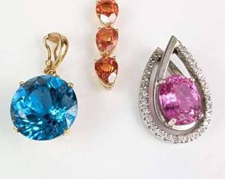 Three 14K Gold Pendants with Blue Topaz, Pink Sapphire, Diamond and Orange Sapphire