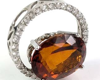 14K White Gold, Diamond Orange Citrine Circular Pendant
