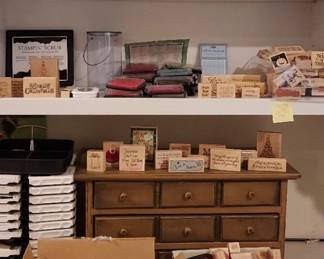 Stamps, Inks, Small Wooden Chest And Small Wooden Box