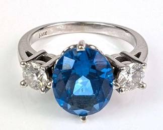 14k White Gold Diamond And Blue Gemstone Ring