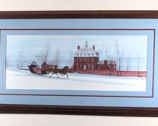 Folk Art Sleigh Ride Beside a Brick Farmhouse By P. Buckley Moss