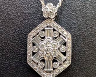 005 18K White Gold Diamond Pendant And 18 Chain with Appraisal