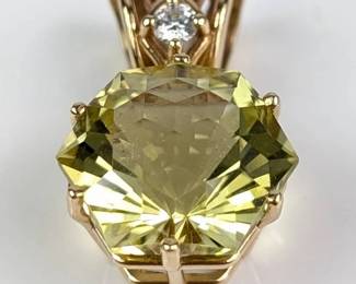 Lemon Quartz Hexagon Diamond 14K Yellow Gold Pendant