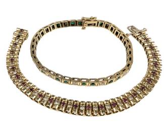 Two 14K Gold Diamond, Ruby And Emerald Tennis Bracelets