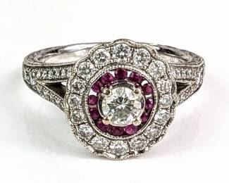 14K White Gold Diamond And Ruby Halo Ring