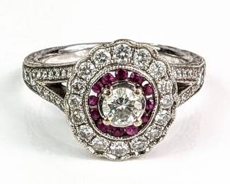 14K White Gold Diamond And Ruby Halo Ring