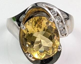 14K White Gold Oval Citrine And Diamond Ring