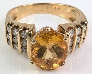14K Yellow Gold Oval Topaz Diamond Ring