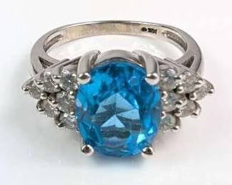 14K White Gold Blue Topaz Diamond Ring