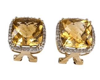 14K Yellow Gold Citrine And Diamond Lever Back Earrings