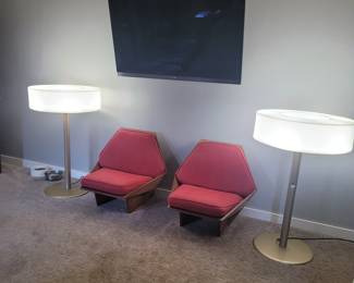 1960s Pair of Dean Bryant Vollendorf Lounge Chairs (Unmarked) pictured with a pair of Atollo Happy Hour lit bar tables used as floor lamps.