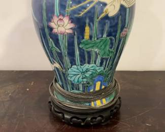 Vintage Blue Ceramic Crane and Lotus Lamp