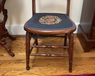 Antique Wooden Chair with Needlepoint Seat