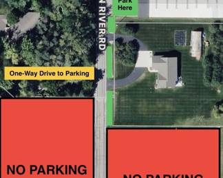 Pre-sale parking areas are designated in green. We will open the gate to the property at 7:30am on Thursday morning & allow customers to begin parking in the apple orchard. 