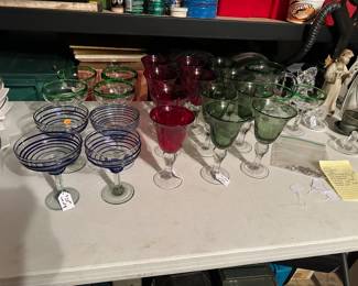 Sets of Blown Glass Margarita Glasses, Artland Ruby and Sage Water goblets, Margarita Glasses w/Pitcher