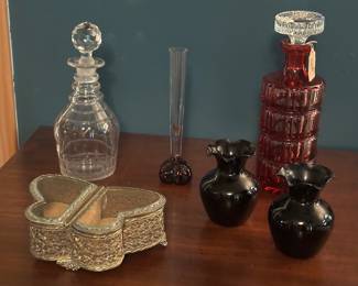 Vintage Filigree Jewelry Box, Black Amethyst Vases, Cut to Clear Cranberry Decanter