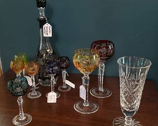 Traube Cut to Clear Cordial Decanter - Amethyst and Set of 5 Cordials, Cut to Clear Glasses, Waterford 