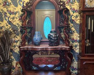 Wonderful Etagere with marble shelf and petticoat mirror