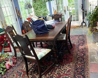 C.1920 Oak Jacobean 10 pc. Dining Room set. Table extends. 6 chairs, a China Hutch, Buffet and Server.