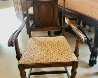 PRE-SALE NOW Bernhardt Furniture Company Table and 6 Chairs. Impressive, Intricate Carved Dining Set from quality Bernhardt Furniture Company, Jacobean / Revival Style Set includes a Square Table with Great Details, Beautiful Natural Stained Wood in Excellent Condition. Entire Set has the original finish, shows very little wear-and-tear (Very Well Taken Care Of). Table measures 50” Wide x 45” Long x 30” Tall.  6 Chairs fabric cushion covered in a neutral fabric. 1 Captain Chair has beautifully carved arms. Table & 6 Chairs $650                                                               ***Unbelievable Bundle Price for Entire Bernhardt Furniture Company, Jacobean / Revival Style Set Includes Table, 6 Chairs, Cupboard, Sideboard $1,500
