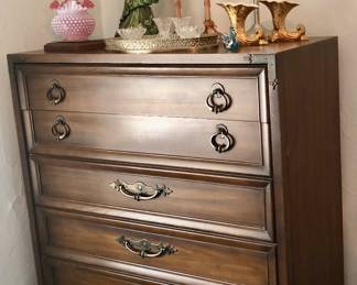 PRE-SALE NOW DREXEL Mid Century BEDROOM SET: Includes Tall Chest Of Drawers, Long Dresser with Mirror, 1 NightStand, King Size Headboard (2 Twin Mattresses – to Take or Leave)  4 Piece Set ALL for $400.                                                                                                                             
Drexel Tall Chest of Drawers is 36 inches wide by 19 inches deep and 50 inches tall.                            
Drexel Dresser with attached mirror is 66” long x 32” tall x 19” deep and the mirror is 27 ¼”wide by 42” tall                                                                                                                                           Drexel Nightstand is 22”wide x 16” deep 23” tall                                                                               
The Bed is 2 twin beds, but the Headboard is King Size, 79 inches wide x 39 ¾” tall. All 4 Pieces $400.