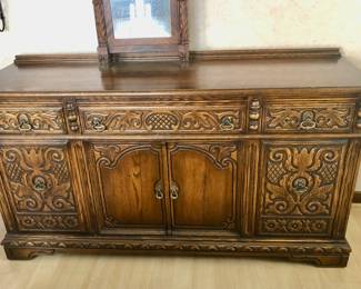 Matching Bernhardt Sideboard / Buffet measures 65.5” Long x 20” Deep x 35” Tall  has 1 wide drawer with wooden section dividers and 3 large cabinets. Could also be used as a Credenza or Entryway Table $650                                                                            ***Unbelievable Bundle Price for Entire Bernhardt Furniture Company, Jacobean / Revival Style Set Includes Table, 6 Chairs, Cupboard, Sideboard $1,500