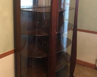 *PRE-SALE NOW Curved Glass Curio Cabinet / Display Case is 40 1/2 inches wide by 18 inches deep and is 64 inches tall.  It has 4 wooden shelves with the key. $250