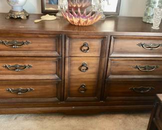 PRE-SALE NOW DREXEL Mid Century BEDROOM SET: Includes Tall Chest Of Drawers, Long Dresser with Mirror, 1 NightStand, King Size Headboard (2 Twin Mattresses – to Take or Leave)  4 Piece Set ALL for $400.                                                                                                                             
Drexel Tall Chest of Drawers is 36 inches wide by 19 inches deep and 50 inches tall.                            
Drexel Dresser with attached mirror is 66” long x 32” tall x 19” deep and the mirror is 27 ¼”wide by 42” tall                                                                                                                                           Drexel Nightstand is 22”wide x 16” deep 23” tall                                                                               
The Bed is 2 twin beds, but the Headboard is King Size, 79 inches wide x 39 ¾” tall. All 4 Pieces $400.