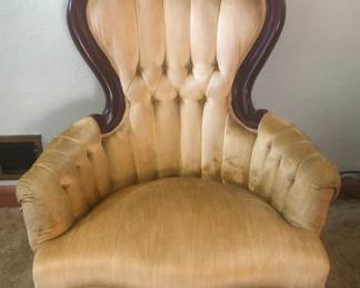 3 Carlton McLendon Gold Victorian Highback ArmChairs / Parlor Chairs with Mahogany Floral Carved Crest, Tufted back and low arms and Cabriole legs. 2 Matching Lady's and 1 Gentleman's (1 His and 2 Hers). 2 Matching Lady's Chairs are in very good condition with a little wear but No Stains, Rips or Tears measures 29" wide x 23.5" deep x 41" tall. The 1 Gentleman's Chair is in excellent condition (No Stains, Rips or Tears) measures 25.5" wide x 22" deep x 45" tall. We have a Detailed Receipt from Zollinger for the Reupholstering & Repadding of the Gents Chair where the owners paid $1,700 in 2004. $200 Each Chair *Unbelievable Bundle Price for All 9 Pieces of Carlton McLendon Victorian Furniture, Includes Sofa, 3 Chairs, Pair of Side Tables, Half Round Table, Oval Table, Plant Stand = $1500
