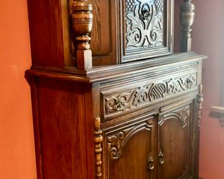 Matching Bernhardt Cupboard / Hutch measures 38.5” Wide x 17” Deep x 60” Tall. Could also be used as a Dresser $650                                                      ***Unbelievable Bundle Price for Entire Bernhardt Furniture Company, Jacobean / Revival Style Set Includes Table, 6 Chairs, Cupboard, Sideboard $1,500