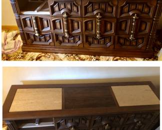 1970’s Dresser with Marble Inlay on Top – Missing 1 Drawer (Isabella by Sears & Roebuck) Measures 64” long x 18” deep x 31” tall. $20
