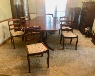 PRE-SALE NOW 1940’s-1950’s Mahogany Duncan Phyfe Rectangle Dining Table is 79.5 inches long (with one leaf that is 18 inches) by 42 inches wide and 29 inches tall. Table has twin 3 legged pedestal bases with traditional brass cap feet. Includes 6 matching chairs. The chairs are in very good condition with Famous Barr Labels. The table has a few scratches but it’s in good condition and has pads. Separate the 6 Chairs are $175 or Just the Table is $175, OR the Table & Chairs Together as a Set Only $300.