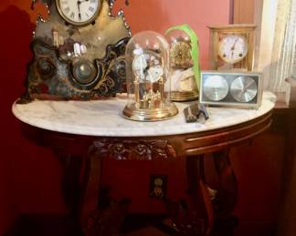 Carlton McLendon Victorian Half Round Marble Top Wall Table (aka Swan Design) Measures 35” wide x 18” deep x 29.5 tall. $165 Receipt $331 12/1985 *Unbelievable Bundle Price for All 9 Pieces of Carlton McLendon Victorian Furniture, Includes Sofa, 3 Chairs, Pair of Side Tables, Half Round Table, Oval Table, Plant Stand = $1500
