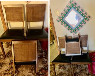 Matching Set of 4 Vintage LEG-O- MATIC Folding Chairs Lorraine Industries 32” Tall Cane Back Black Seat Dark Tone Set $150 