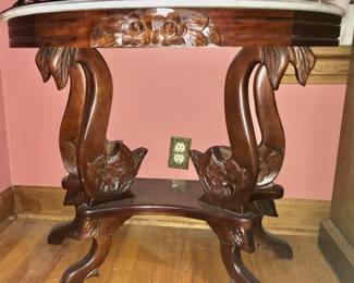 Carlton McLendon Victorian Half Round Marble Top Wall Table (aka Swan Design) Measures 35” wide x 18” deep x 29.5 tall. $165 Receipt $331 12/1985*Unbelievable Bundle Price for All 9 Pieces of Carlton McLendon Victorian Furniture, Includes Sofa, 3 Chairs, Pair of Side Tables, Half Round Table, Oval Table, Plant Stand = $1500
