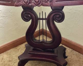Carlton McLendon Oval Victorian Parlor Harp / Lyre Floral Carved Mahogany & Marble Table measures 28” long x 19” wide x 28” tall $165                        *Unbelievable Bundle Price for All 9 Pieces of Carlton McLendon Victorian Furniture, Includes Sofa, 3 Chairs, Pair of Side Tables, Half Round Table, Oval Table, Plant Stand = $1500
