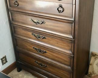 PRE-SALE NOW DREXEL Mid Century BEDROOM SET: Includes Tall Chest Of Drawers, Long Dresser with Mirror, 1 NightStand, King Size Headboard (2 Twin Mattresses – to Take or Leave)  4 Piece Set ALL for $400.                                                                                                                             
Drexel Tall Chest of Drawers is 36 inches wide by 19 inches deep and 50 inches tall.                            
Drexel Dresser with attached mirror is 66” long x 32” tall x 19” deep and the mirror is 27 ¼”wide by 42” tall                                                                                                                                           Drexel Nightstand is 22”wide x 16” deep 23” tall                                                                               
The Bed is 2 twin beds, but the Headboard is King Size, 79 inches wide x 39 ¾” tall. All 4 Pieces $400.