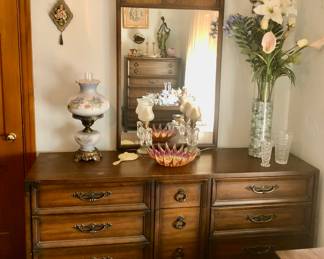 PRE-SALE NOW DREXEL Mid Century BEDROOM SET: Includes Tall Chest Of Drawers, Long Dresser with Mirror, 1 NightStand, King Size Headboard (2 Twin Mattresses – to Take or Leave)  4 Piece Set ALL for $400.                                                                                                                             
Drexel Tall Chest of Drawers is 36 inches wide by 19 inches deep and 50 inches tall.                            
Drexel Dresser with attached mirror is 66” long x 32” tall x 19” deep and the mirror is 27 ¼”wide by 42” tall                                                                                                                                           Drexel Nightstand is 22”wide x 16” deep 23” tall                                                                               
The Bed is 2 twin beds, but the Headboard is King Size, 79 inches wide x 39 ¾” tall. All 4 Pieces $400.