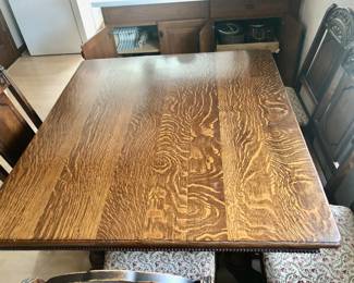 PRE-SALE NOW Bernhardt Furniture Company Table and 6 Chairs. Impressive, Intricate Carved Dining Set from quality Bernhardt Furniture Company, Jacobean / Revival Style Set includes a Square Table with Great Details, Beautiful Natural Stained Wood in Excellent Condition. Entire Set has the original finish, shows very little wear-and-tear (Very Well Taken Care Of). Table measures 50” Wide x 45” Long x 30” Tall.  6 Chairs fabric cushion covered in a neutral fabric. 1 Captain Chair has beautifully carved arms. Table & 6 Chairs $650                                                            ***Unbelievable Bundle Price for Entire Bernhardt Furniture Company, Jacobean / Revival Style Set Includes Table, 6 Chairs, Cupboard, Sideboard $1,500