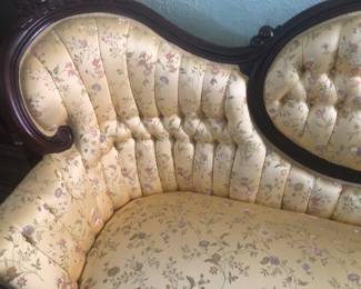 PRE-SALE NOW Carlton McLendon Victorian Parlor Sofa / Conversation Sofa. Mahogany Floral Carved Crest and Frame. Sofa measures 78.5” long x 34” deep x 39” tall. The Fabric is gold floral in perfect condition (No Stains, Rips or Tears), and the wood is in excellent condition. We have a Detailed Receipt from Zollinger for the Reupholstering & Repadding of the Sofa where the owners paid $2,700 in 2004. We are asking  $400 for Just the Sofa                                                       *Unbelievable Bundle Price for All 9 Pieces of Carlton McLendon Victorian Furniture, Includes Sofa, 3 Chairs, Pair of Side Tables, Half Round Table, Oval Table, Plant Stand = $1500
